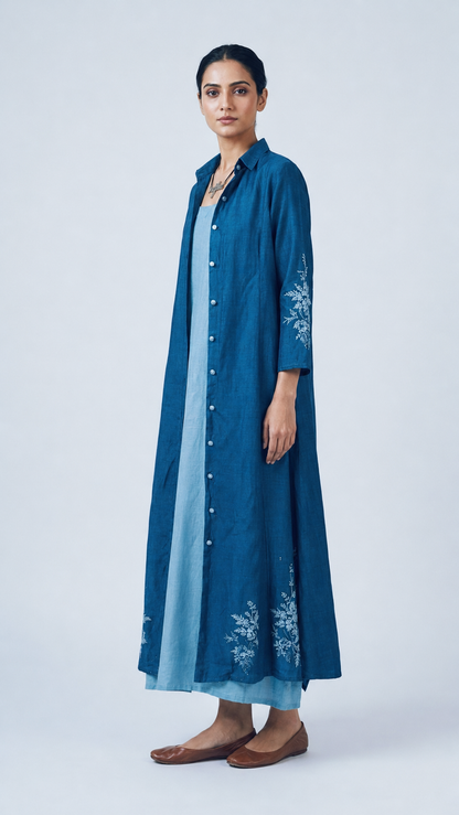 Imari Painting Inspired Indigo Dyed Dabu Hand Block Printed Chanderi Silk two Pcs Set