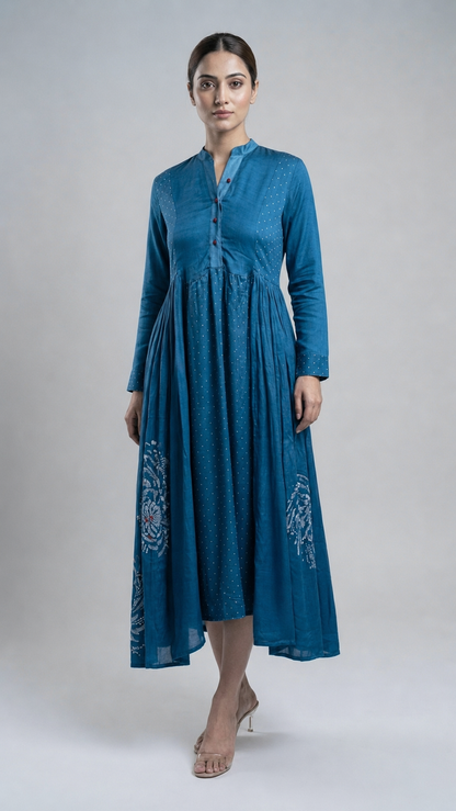 Imari Painting Inspired Indigo Dyed Dabu Hand Block Printed Modal Silk Kali Dress