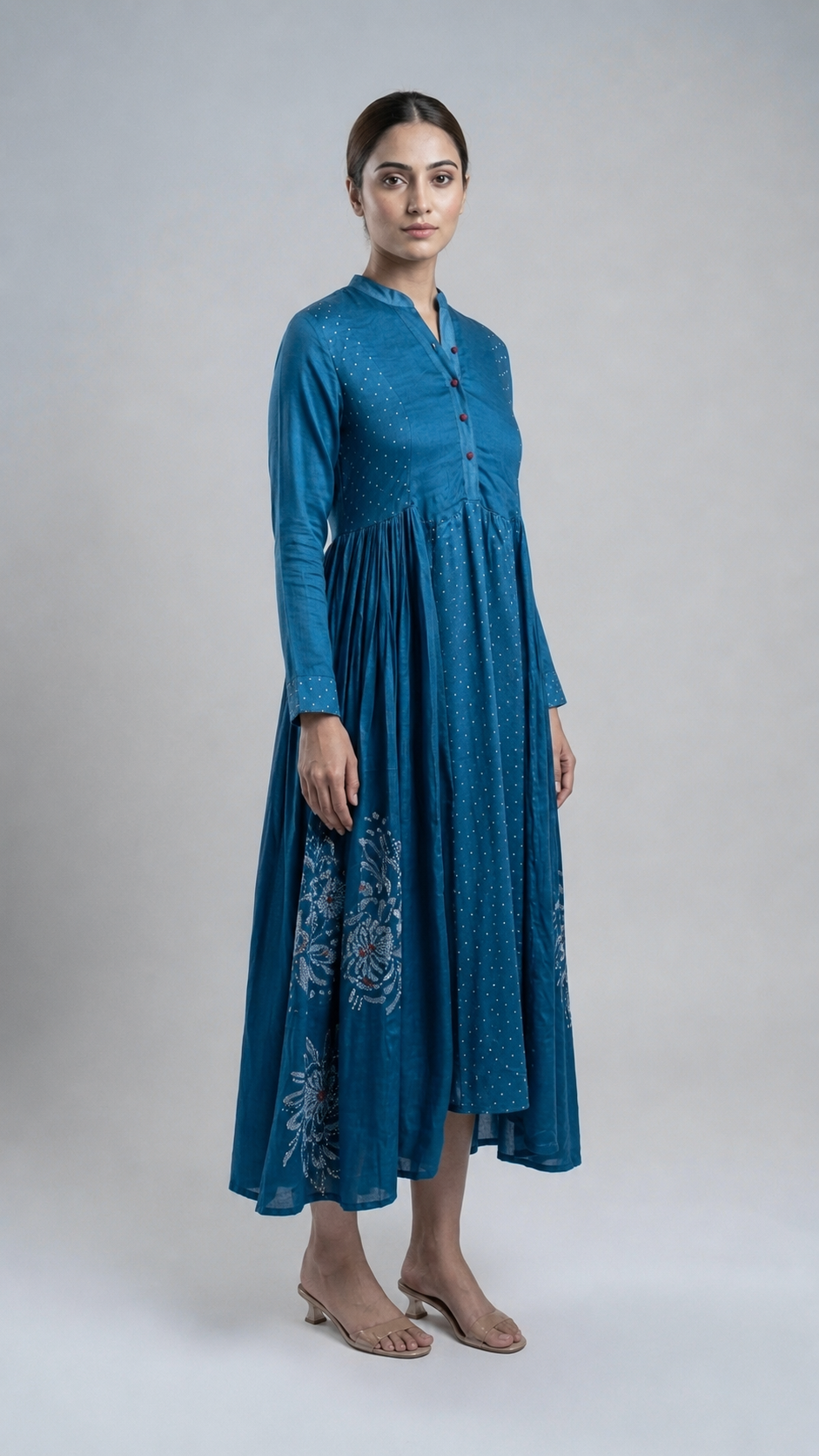 Imari Painting Inspired Indigo Dyed Dabu Hand Block Printed Modal Silk Kali Dress