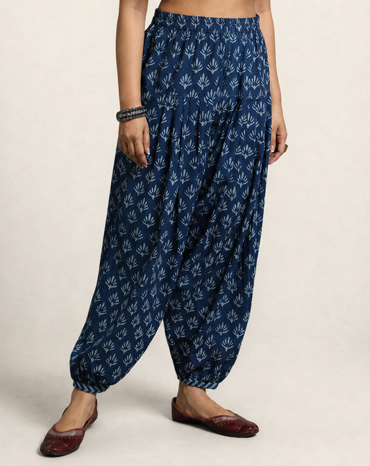 Indigo Dyed Dabu Printed Ghas Salwar
