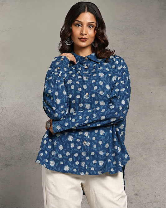 Indigo Nashpal Dyed and Dabu Printed Shirt