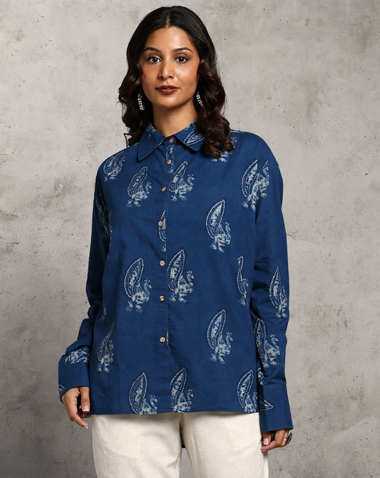 Indigo Dyed and Dabu Printed Shirt