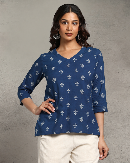 Indigo Dyed and Dabu Printed Top