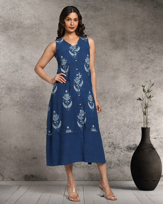 Indigo Dyed Dabu Printed Sleeveless Dress