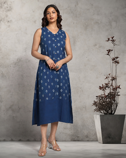 Indigo Dyed Dabu Printed Sleeveless Dress