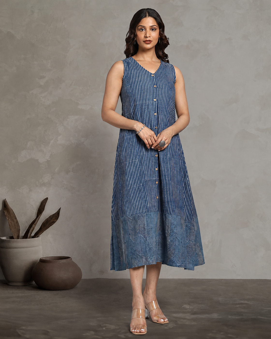 Indigo Dyed Dabu Printed Sleeveless Dress