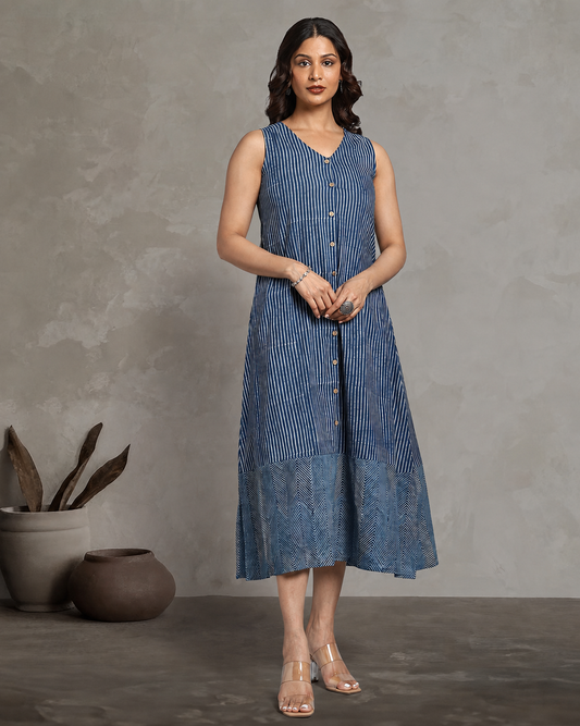 Indigo Dyed Dabu Printed Sleeveless Dress