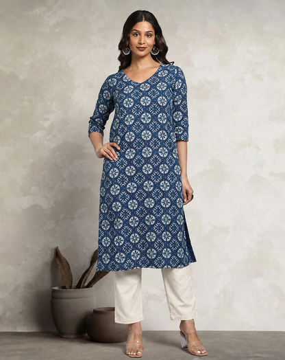 Indigo Dyed Dabu Printed Cotton Long Kurta