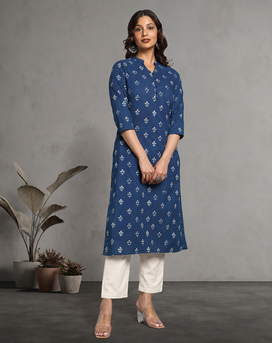 Indigo Dyed Dabu Printed Cotton Long Kurta