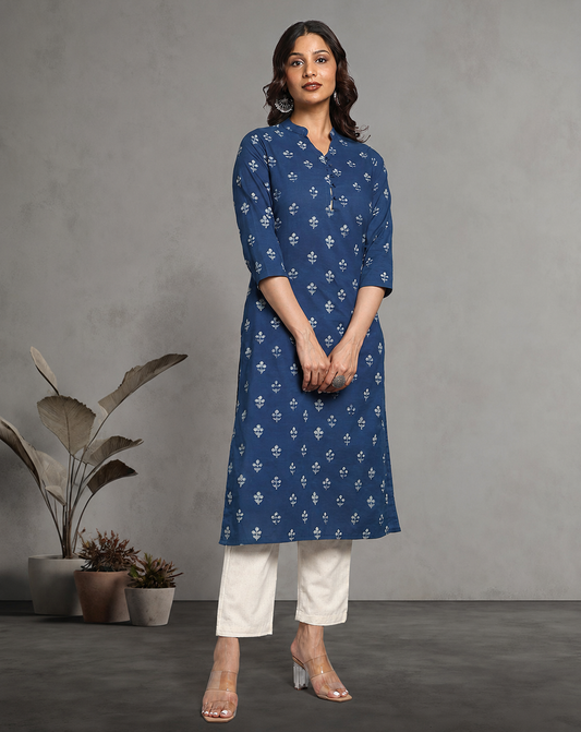 Indigo Dyed Dabu Printed Cotton Long Kurta