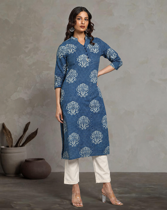 Indigo Dyed Dabu Printed Cotton Long Kurta