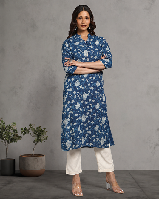 Indigo Dyed Dabu Printed Cotton Long Kurta
