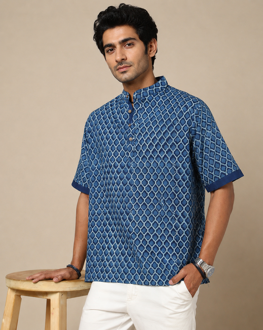 Men's Dabu Printed Indigo Dyed Short Kurta