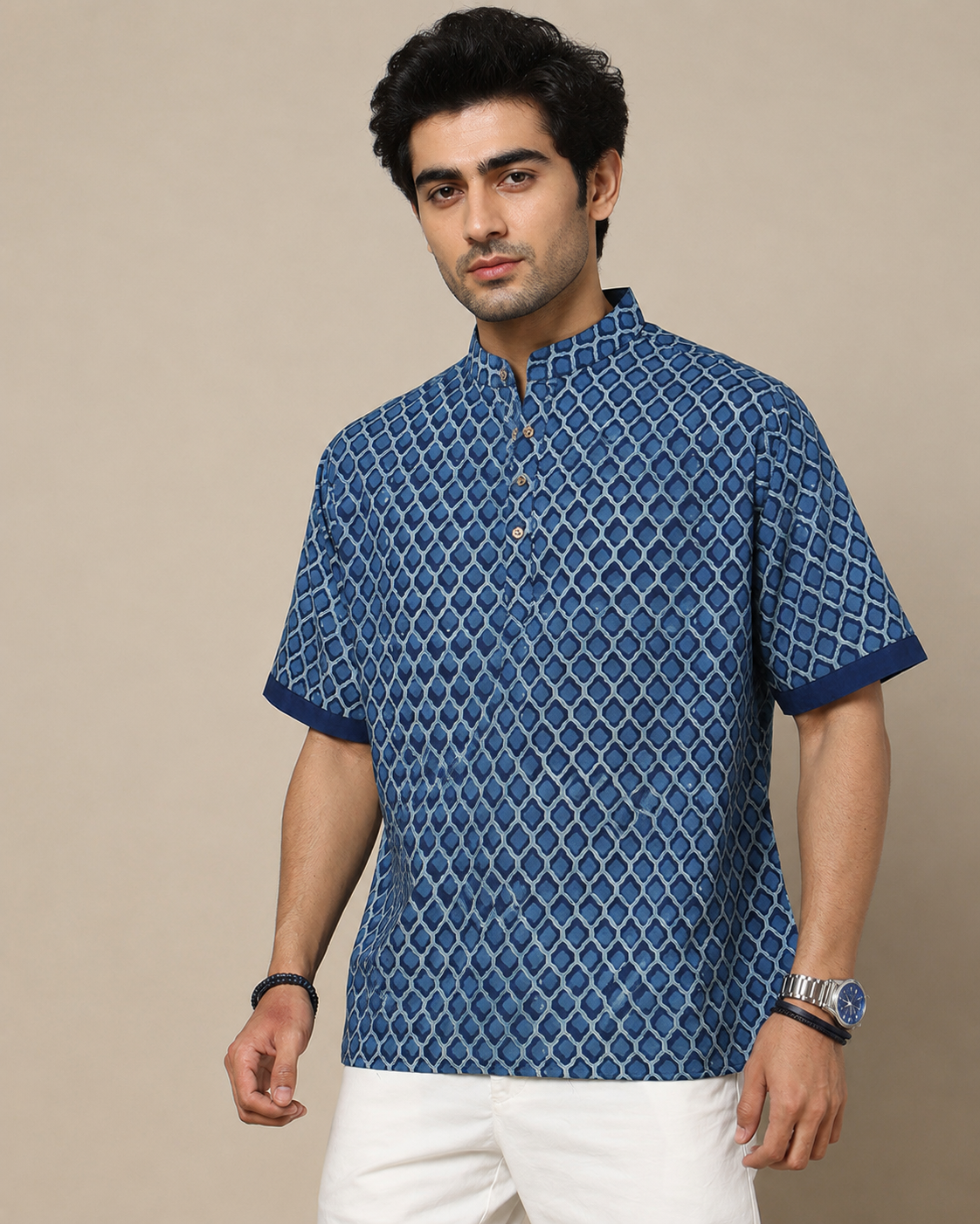 Men's Dabu Printed Indigo Dyed Short Kurta