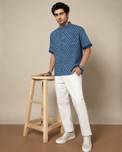 Men's Dabu Printed Indigo Dyed Short Kurta