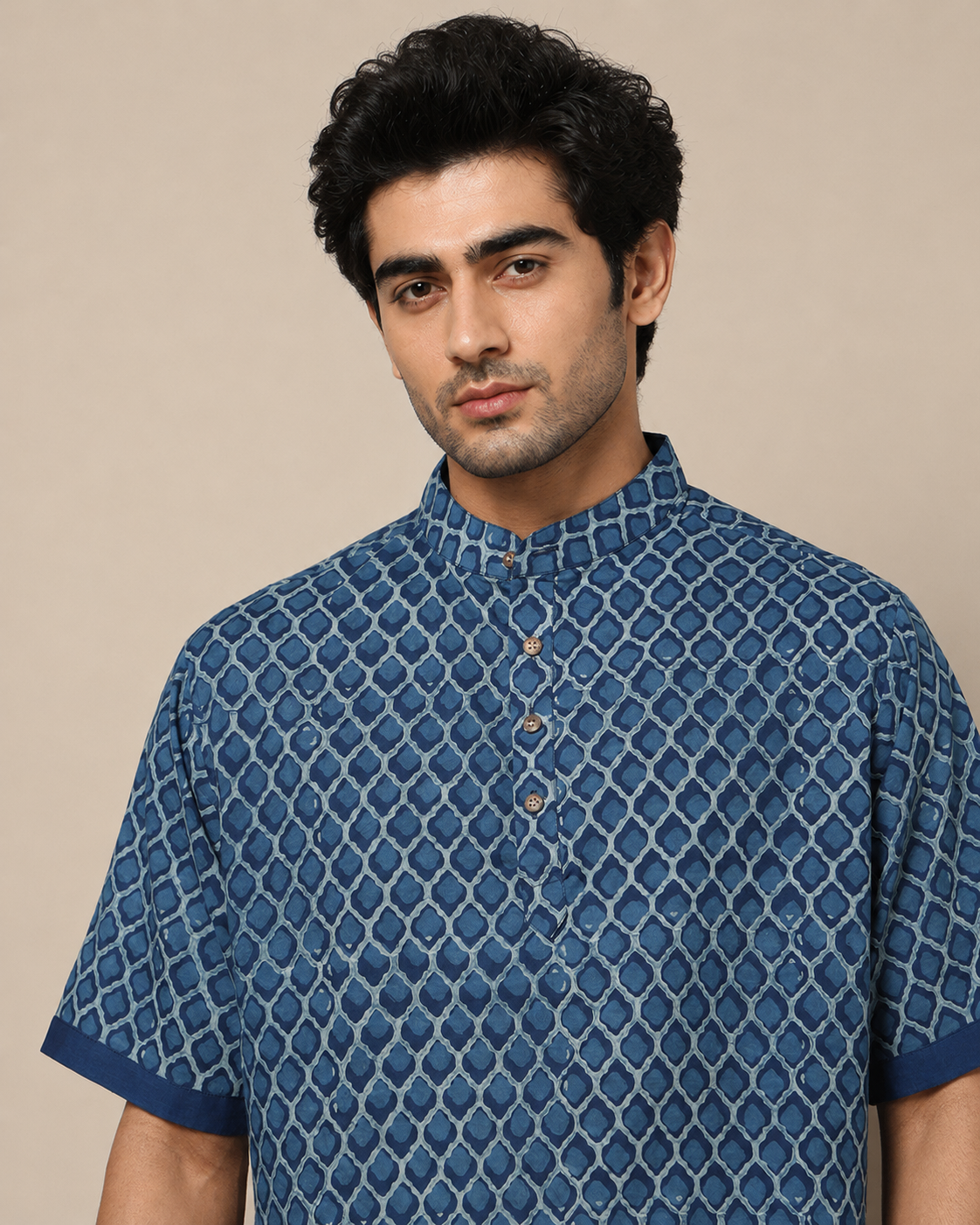 Men's Dabu Printed Indigo Dyed Short Kurta