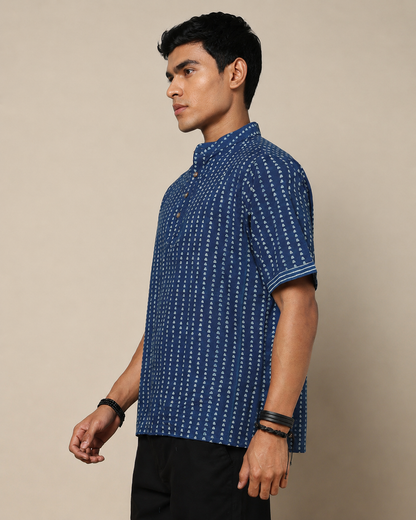 Men's Dabu Printed Indigo Dyed Short Kurta