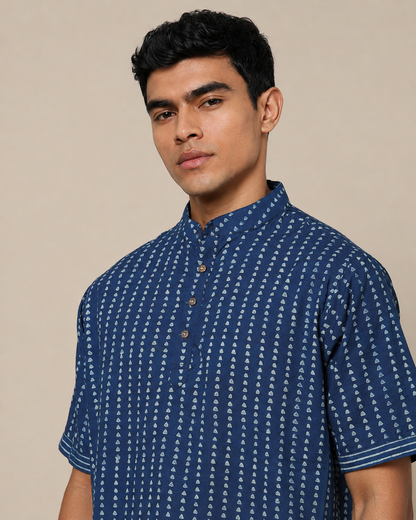 Men's Dabu Printed Indigo Dyed Short Kurta
