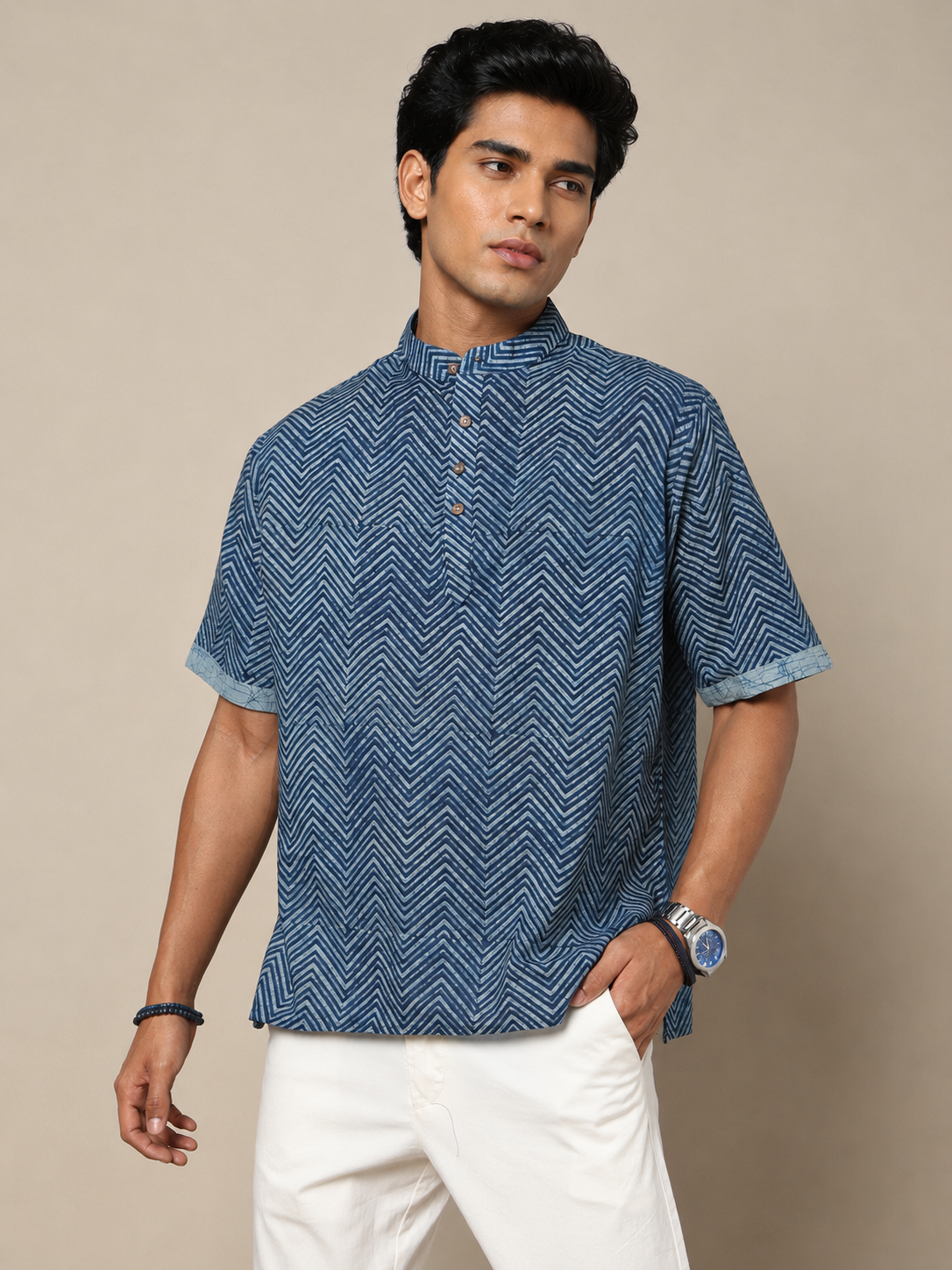 Men's Dabu Printed Indigo Dyed Short Kurta