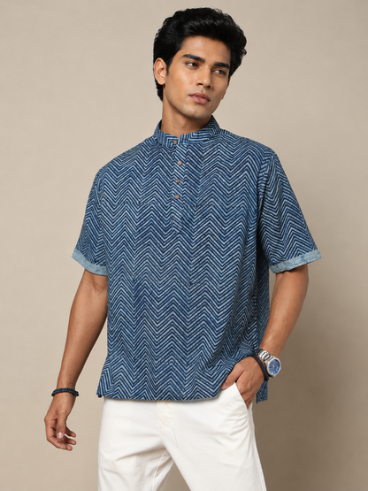 Men's Dabu Printed Indigo Dyed Short Kurta
