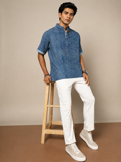 Men's Dabu Printed Indigo Dyed Short Kurta