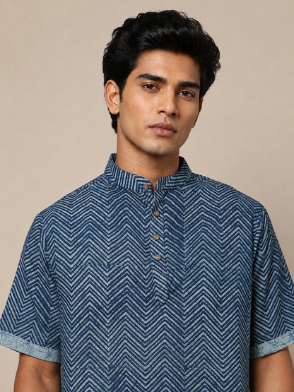 Men's Dabu Printed Indigo Dyed Short Kurta