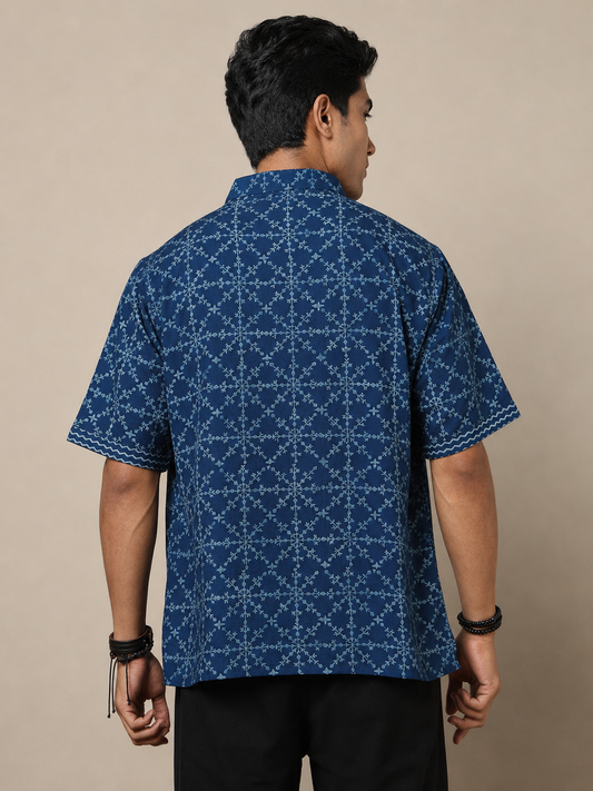 Men's Dabu Printed Indigo Dyed Short Kurta