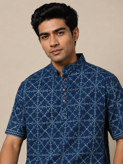 Men's Dabu Printed Indigo Dyed Short Kurta