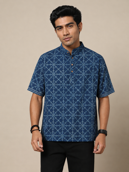 Men's Dabu Printed Indigo Dyed Short Kurta
