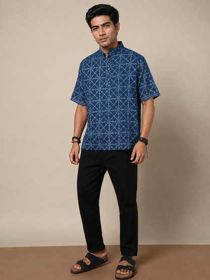 Men's Dabu Printed Indigo Dyed Short Kurta