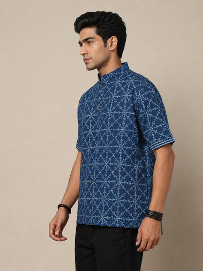 Men's Dabu Printed Indigo Dyed Short Kurta