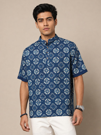 Men's Dabu Printed Indigo Dyed Short Kurta