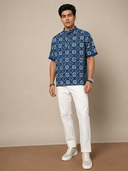 Men's Dabu Printed Indigo Dyed Short Kurta