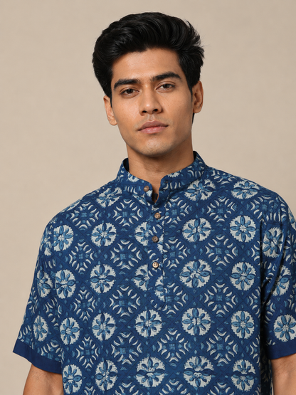 Men's Dabu Printed Indigo Dyed Short Kurta