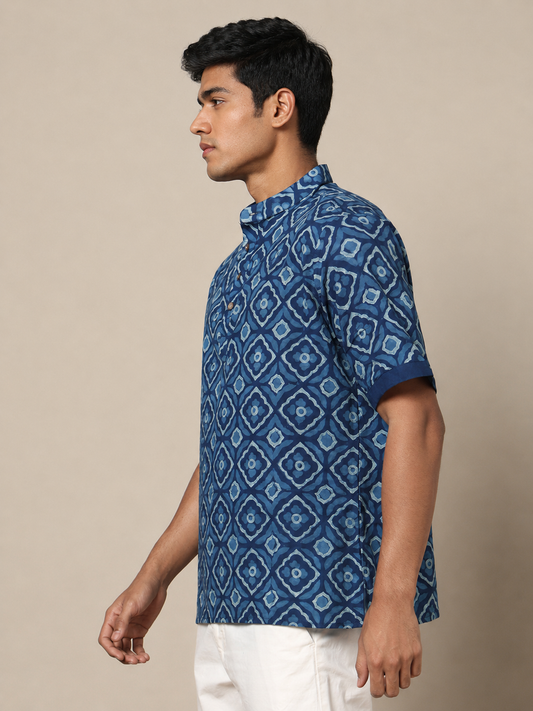Men's Dabu Printed Indigo Dyed Short Kurta