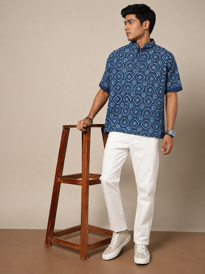 Men's Dabu Printed Indigo Dyed Short Kurta