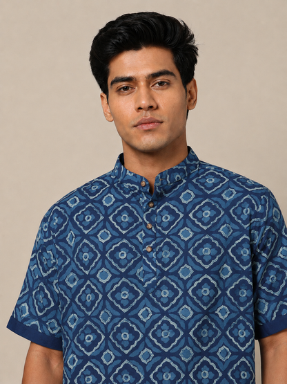 Men's Dabu Printed Indigo Dyed Short Kurta
