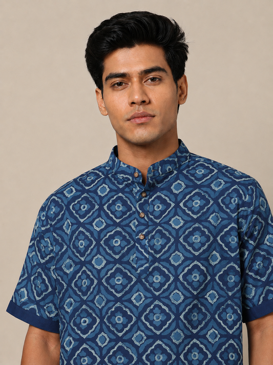 Men's Dabu Printed Indigo Dyed Short Kurta