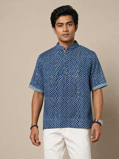 Men's Dabu Printed Indigo Dyed Short Kurta
