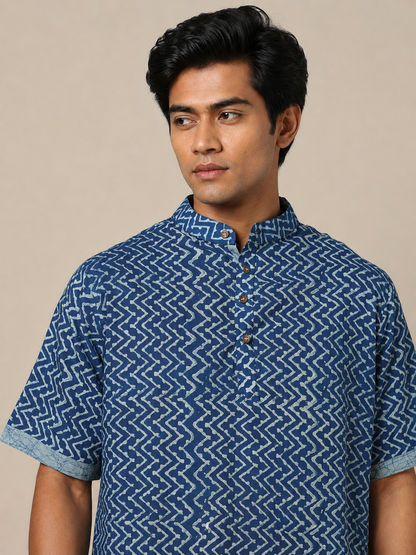 Men's Dabu Printed Indigo Dyed Short Kurta
