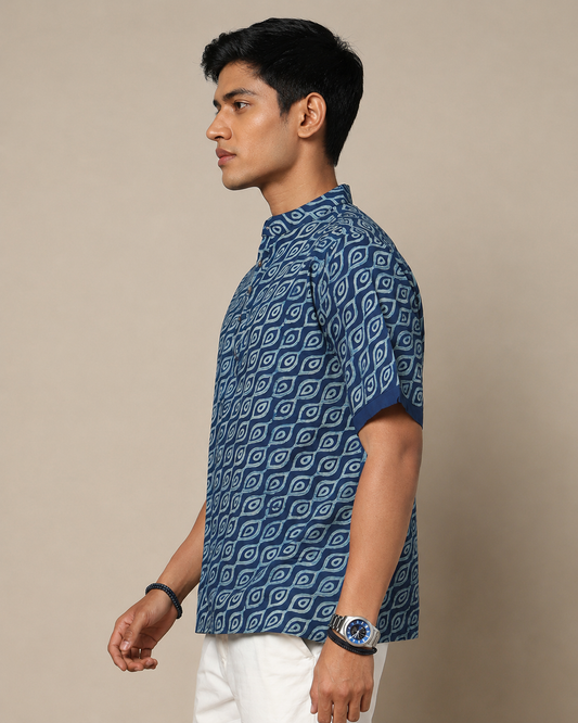 Men's Dabu Printed Indigo Dyed Short Kurta