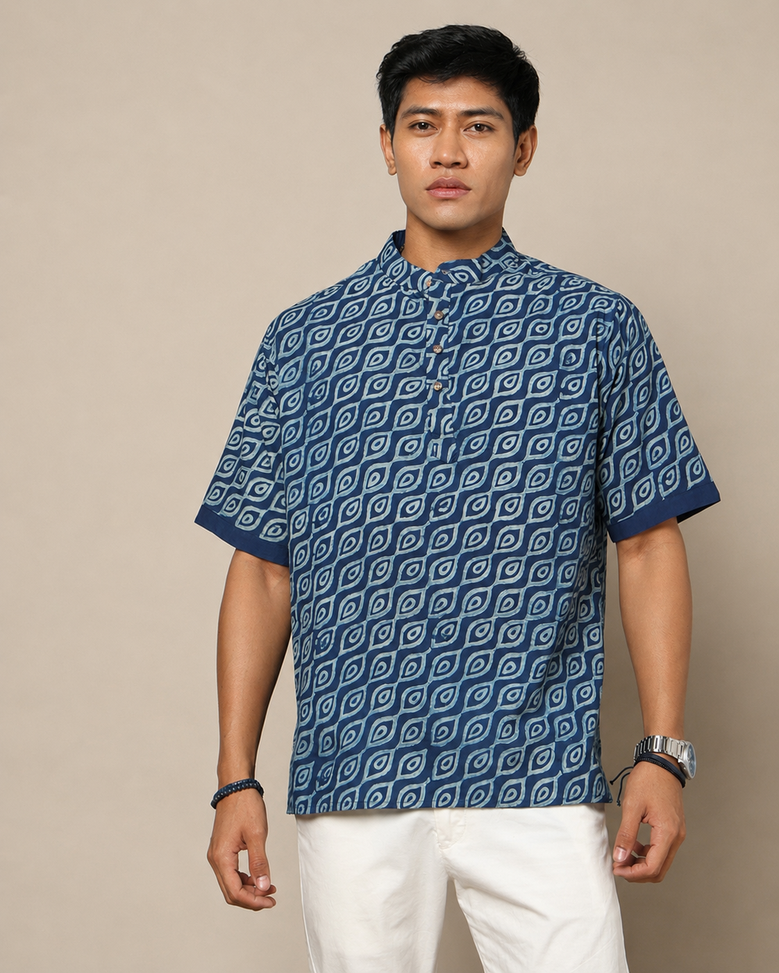 Men's Dabu Printed Indigo Dyed Short Kurta