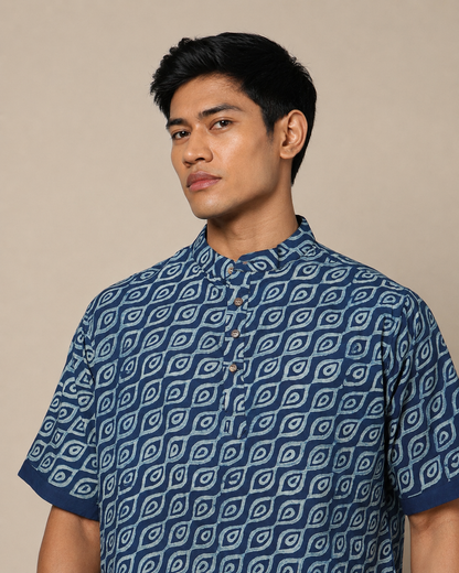 Men's Dabu Printed Indigo Dyed Short Kurta