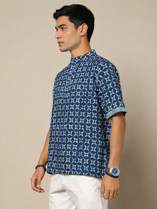 Men's Dabu Printed Indigo Dyed Short Kurta