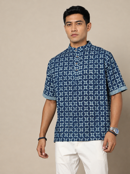 Men's Dabu Printed Indigo Dyed Short Kurta