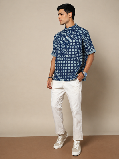 Men's Dabu Printed Indigo Dyed Short Kurta