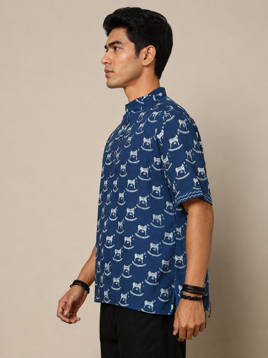 Men's Dabu Printed Indigo Dyed Short Kurta