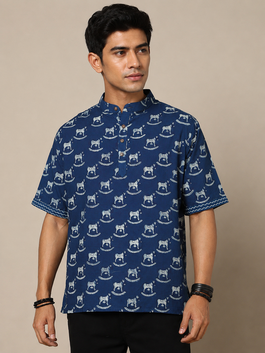 Men's Dabu Printed Indigo Dyed Short Kurta