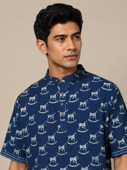 Men's Dabu Printed Indigo Dyed Short Kurta