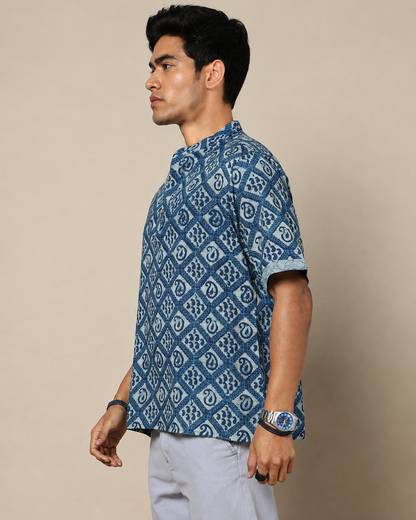 Men's Dabu Printed Indigo Dyed Short Kurta